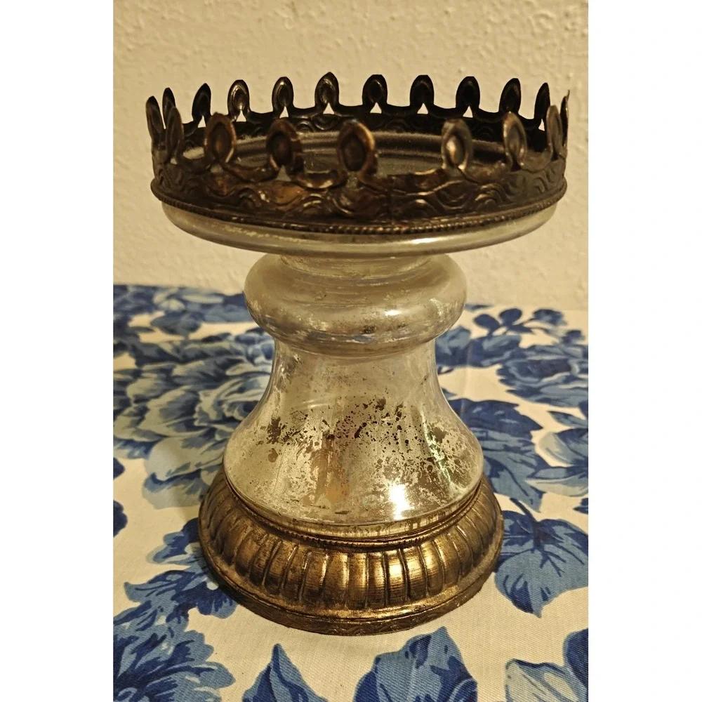 Pottery Barn Mercury Glass & Metal candle holder pillar Silver/Brown 6.5
